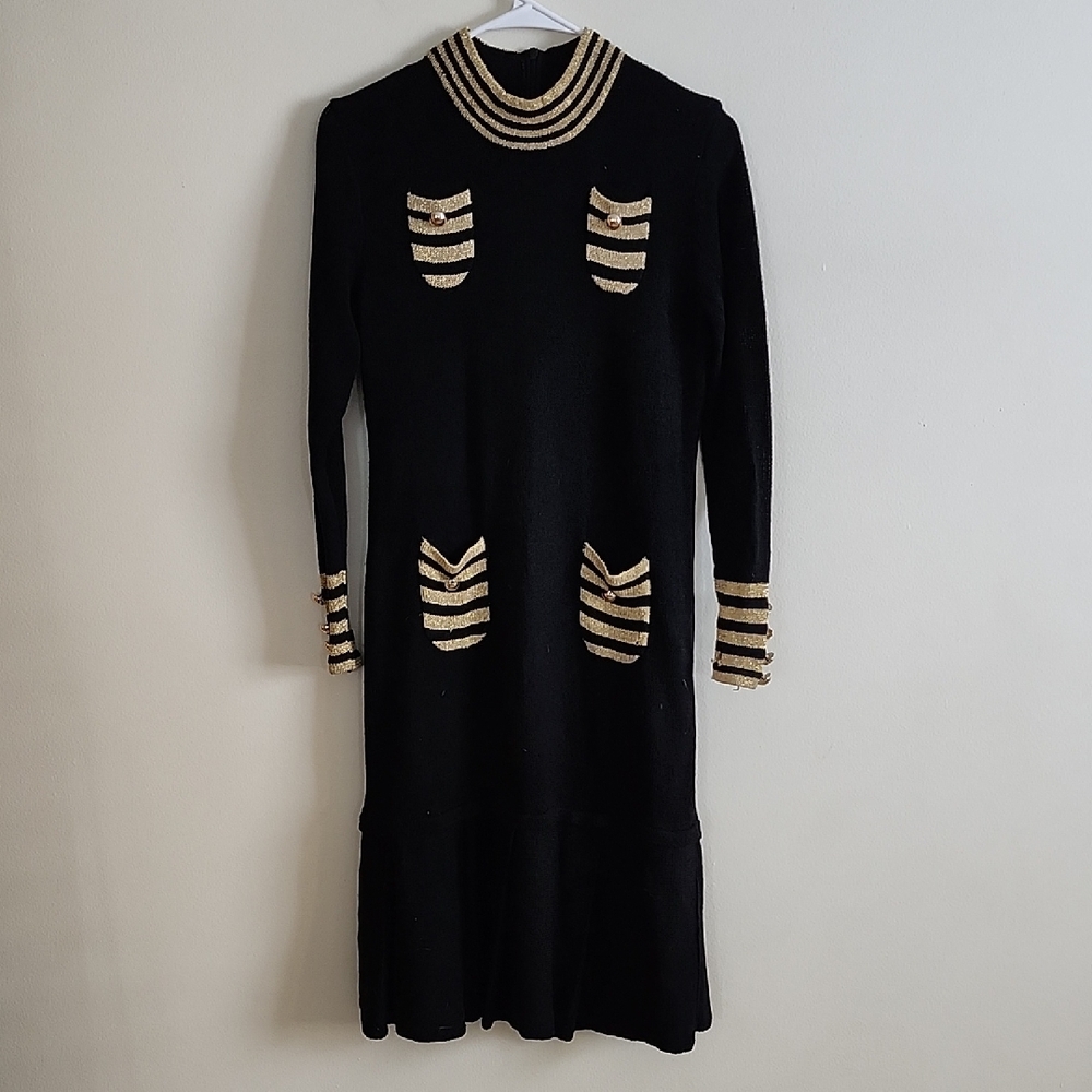 Porter Black and Gold Metallic Striped Cuff Midi Dress Womens 14 Sweater Dress